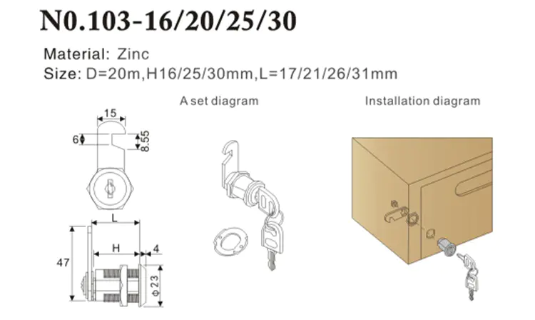 Die-casting Zinc Alloy 103 Office Furniture Cabinet Mailbox Tubular Cam Lock